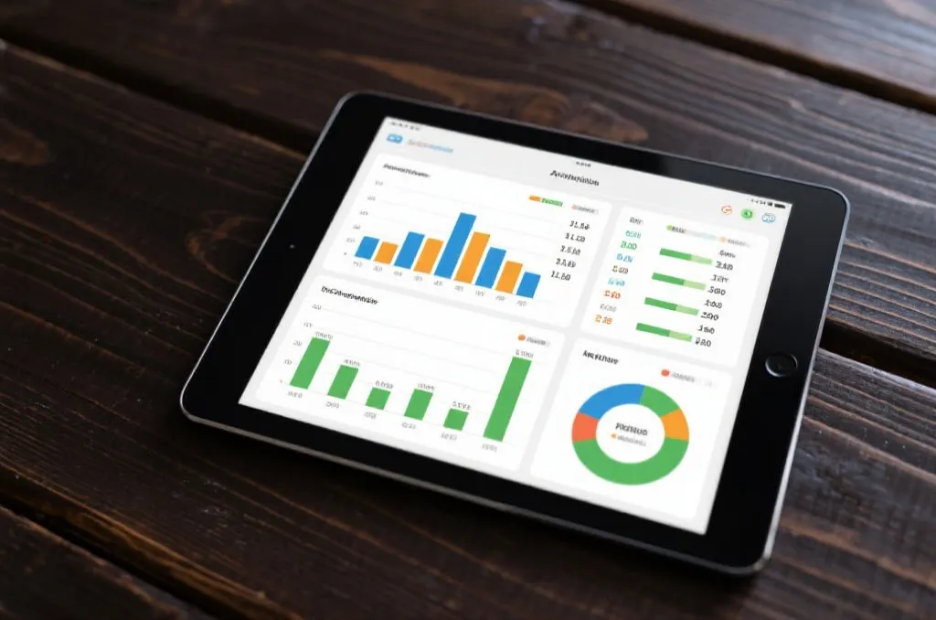 A tablet screen showing generic sports analytics and probability charts on a desk